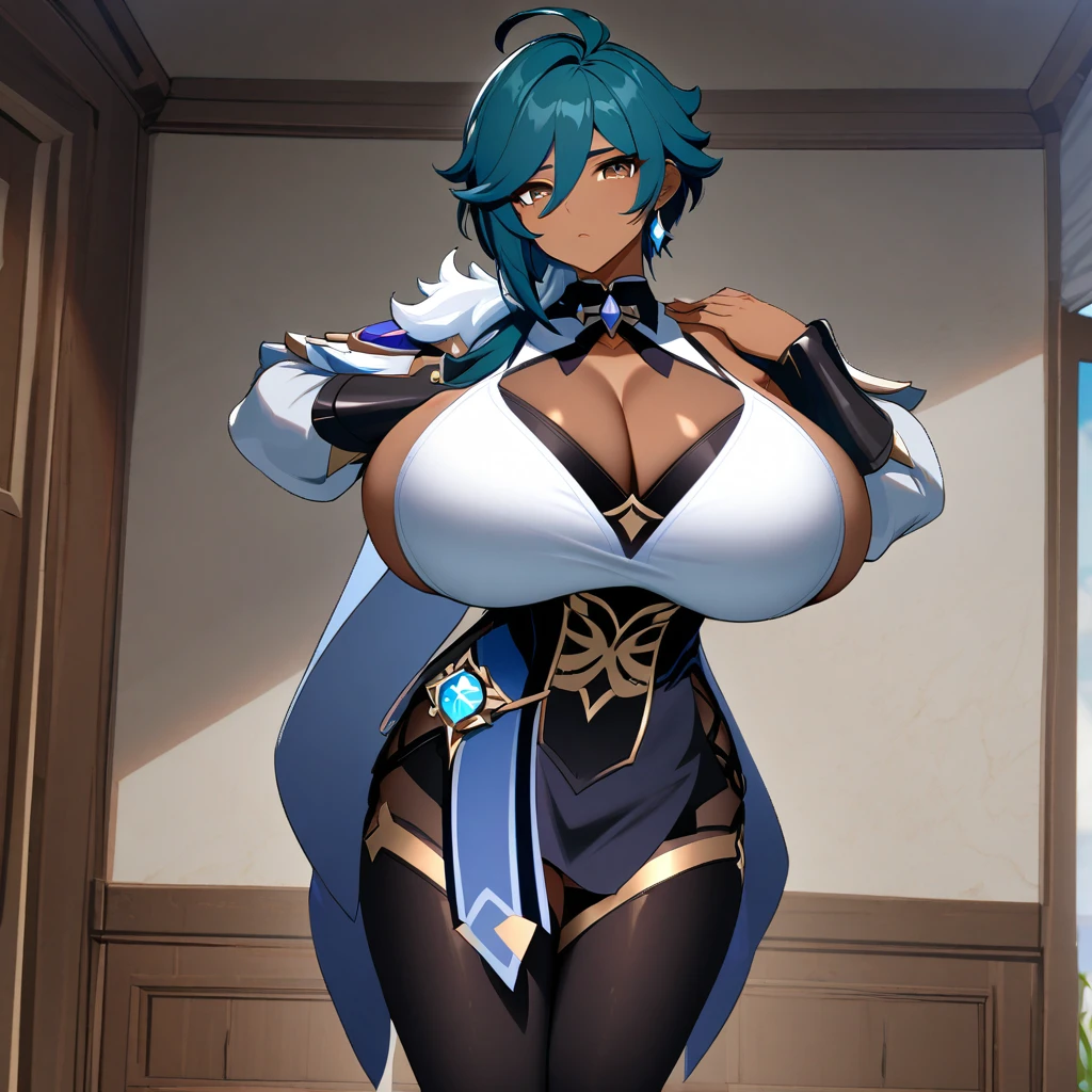 Kaeya(genshin impact),1girl,solo,dark brown skin,super huge breasts,looking at viewer,near,standing up,in room
