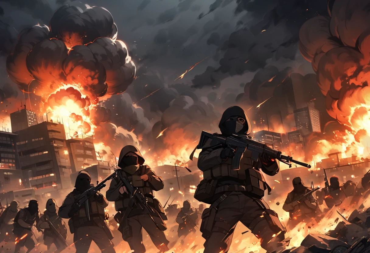 Terrorists, black balaclava, black clothes, war, city, night, blood, sandstorm, chaos, nuclear explosion, dark atmosphere, apocalypse, black flag