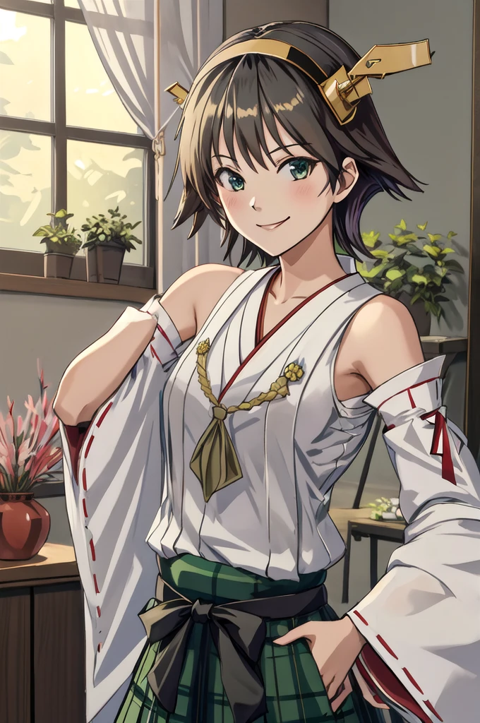 Highest quality, masterpiece, High resolution, alone, (Hiei Kai-2_Fleet Collection:1.15), オレンジ色hair, hairband, headgear, Non-traditional_Shrine maiden, smile, green_eye, Inverted up_hair, smile, One Girl, dependent_sleeve, green_skirt, Plaid, Plaid_skirt, ribbon-trimmed_sleeve, ribbon_trim, skirt, (indoor, office, living room), 