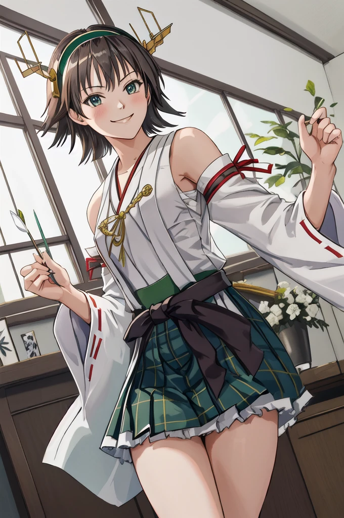 Highest quality, masterpiece, High resolution, alone, (Hiei Kai-2_Fleet Collection:1.15), オレンジ色hair, hairband, headgear, Non-traditional_Shrine maiden, smile, green_eye, Inverted up_hair, smile, One Girl, dependent_sleeve, green_skirt, Plaid, Plaid_skirt, ribbon-trimmed_sleeve, ribbon_trim, skirt, (indoor, office, living room), 