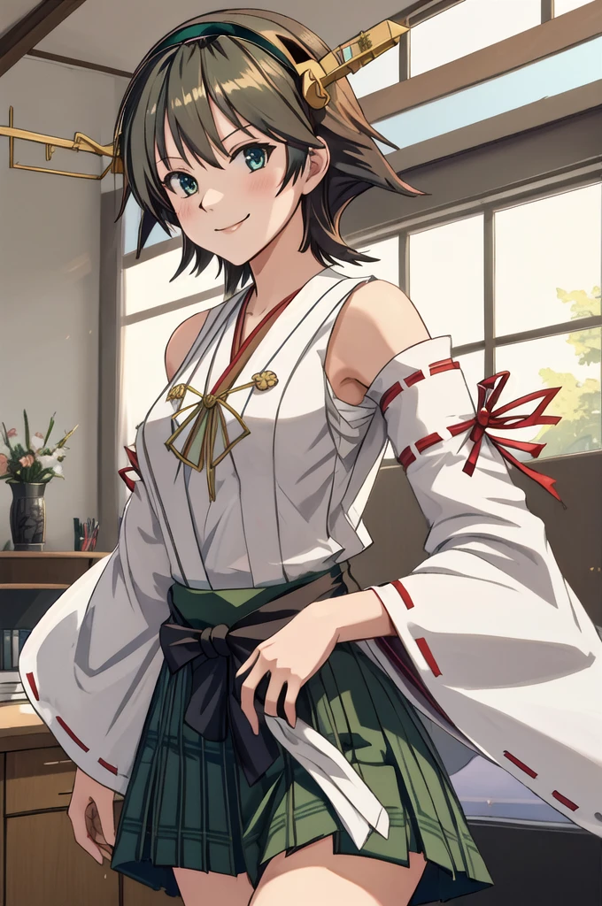 Highest quality, masterpiece, High resolution, alone, (Hiei Kai-2_Fleet Collection:1.15), オレンジ色hair, hairband, headgear, Non-traditional_Shrine maiden, smile, green_eye, Inverted up_hair, smile, One Girl, dependent_sleeve, green_skirt, Plaid, Plaid_skirt, ribbon-trimmed_sleeve, ribbon_trim, skirt, (indoor, office, living room), 