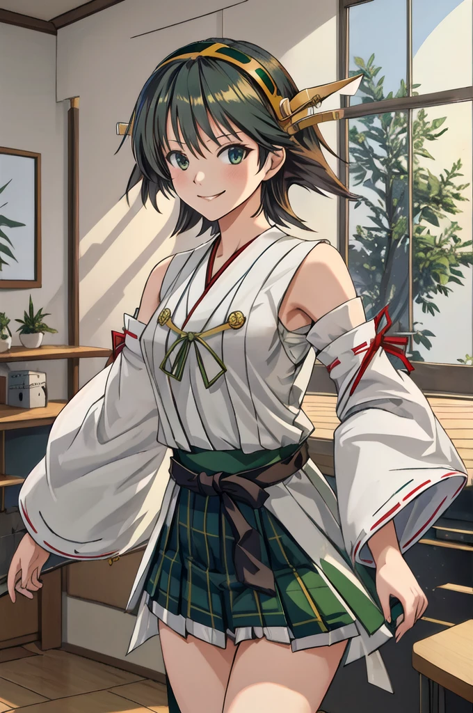 Highest quality, masterpiece, High resolution, alone, (Hiei Kai-2_Fleet Collection:1.15), オレンジ色hair, hairband, headgear, Non-traditional_Shrine maiden, smile, green_eye, Inverted up_hair, smile, One Girl, dependent_sleeve, green_skirt, Plaid, Plaid_skirt, ribbon-trimmed_sleeve, ribbon_trim, skirt, (indoor, office, living room), 