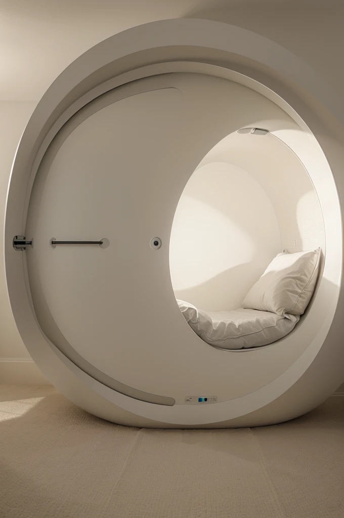 oval capsule shaped extremely tight bedroom with very short ceiling and tight space, photorealistic image of futuristic MRI bed in oval form, extremely tight bed space, minimalist and simple, realistic, octane render, 8K