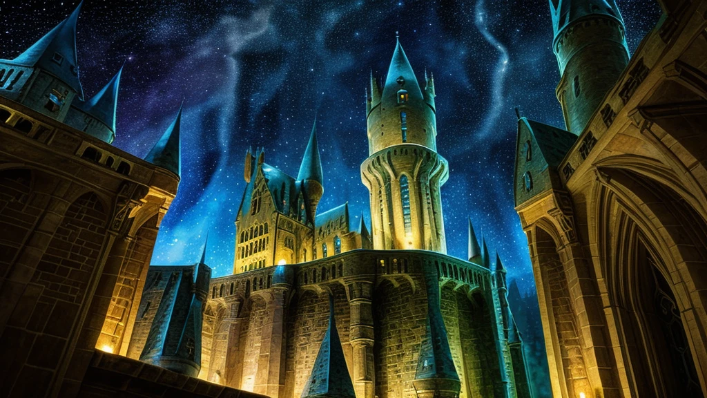 Fantasy,Watercolor,Hogwarts Castle,night,Starry Sky,Light leaking from the tower window,Harry potter,hogwarts legacy,Fantasy