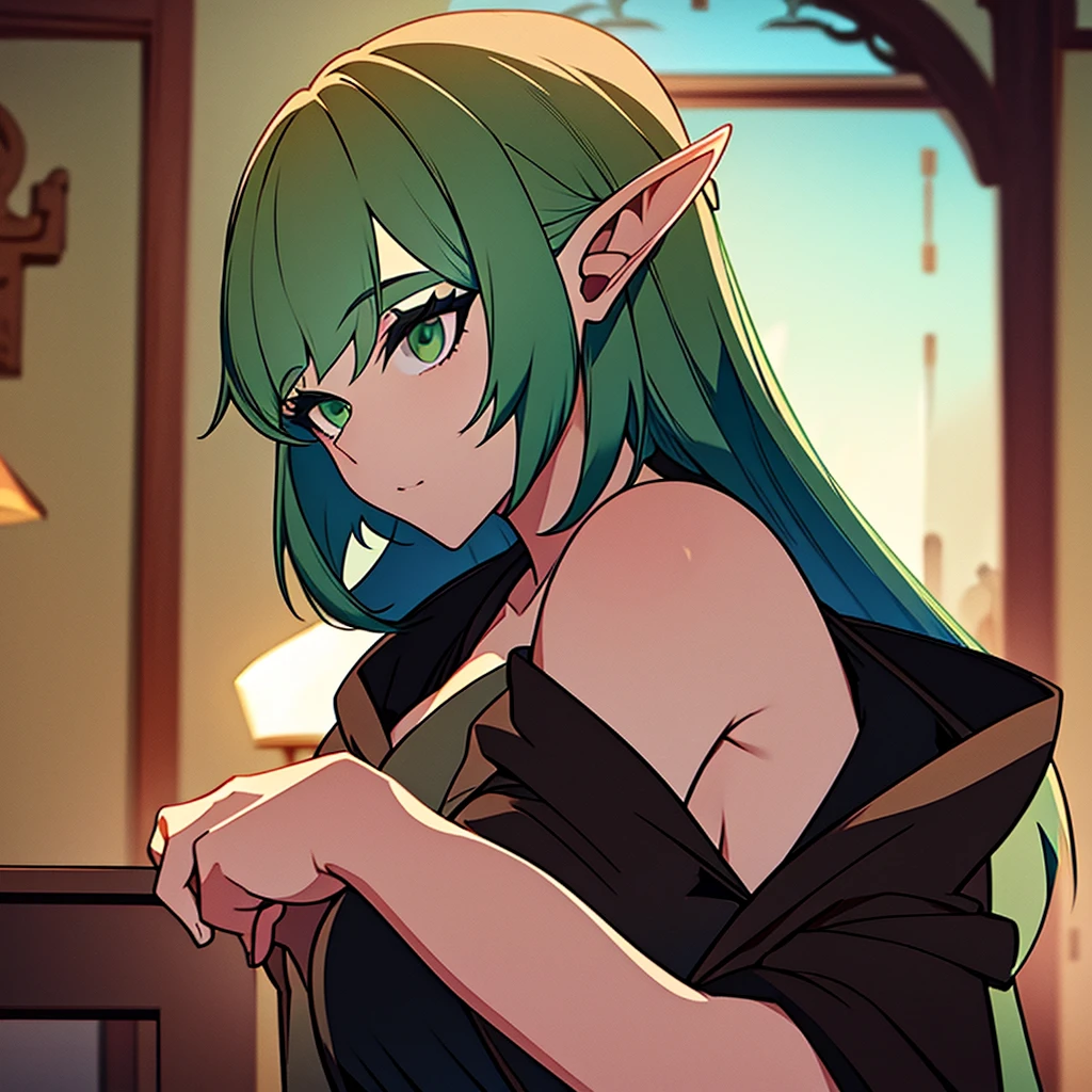 A woman with short white and green hair , with bangs parted in the middle, emerald green eyes. wearing a black robe, and the inside of the shirt is green, elf ears.