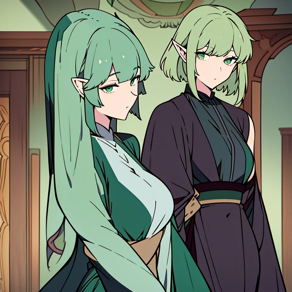 A woman with short white and green hair , with bangs parted in the middle, emerald green eyes. wearing a black robe, and the inside of the shirt is green, elf ears.