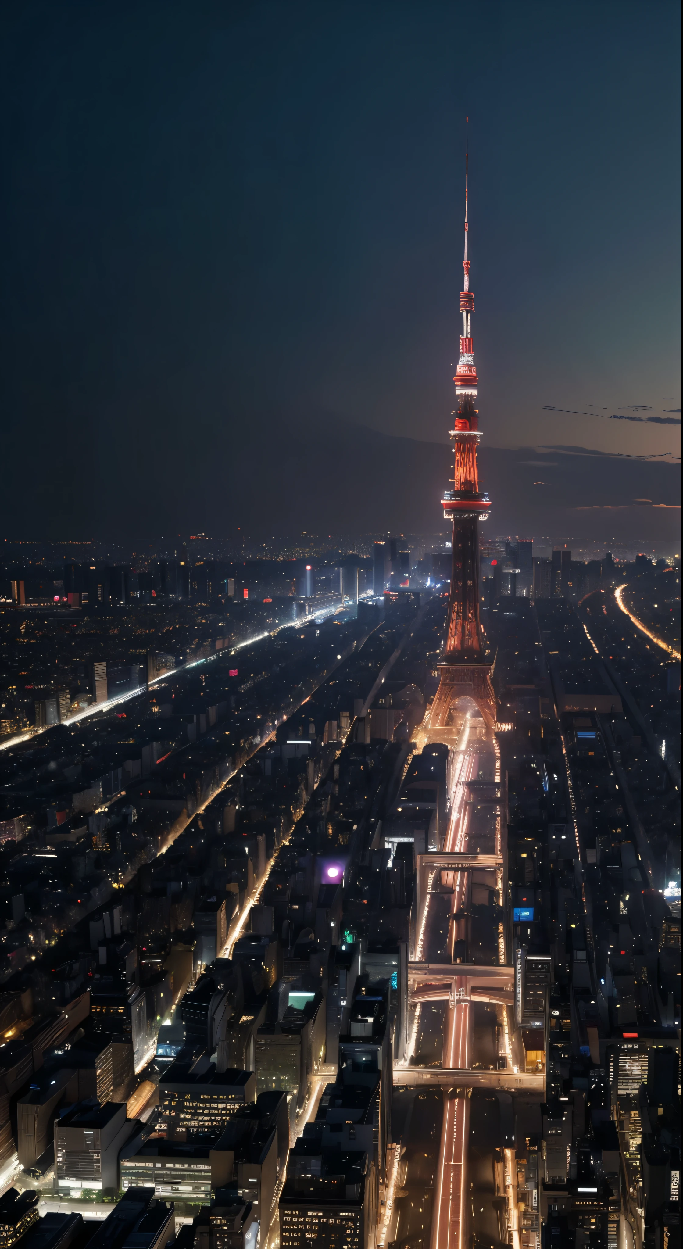 With high definition images、Towering metropolises and the majestic Tokyo Tower、Illuminated by the street lights of Tokyo at dusk、Breathtaking cityscape。A striking piece meticulously reinterpreted against the backdrop of the City of Light.、Offers close-ups with intricate detail。High definition aesthetics seamlessly combine、Breathtaking illustrations depicting a fascinating city。This charming streetscape、The unique style of the piece is reminiscent of Laurie&#39;s、photographer