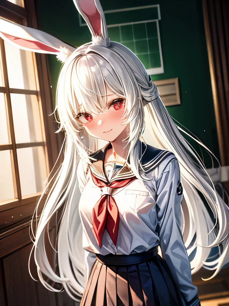 Ultra high definition, Anime girl with white hair and bunny ears, Red eyes, Shy blush, school uniform:1.5