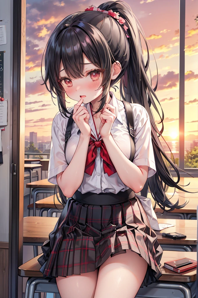 masterpiece, best quality, nsfw,
2girl, kiss,
summer , plaid skirt, black hair, ponytail, embarrassed face,
classroom, sunset,