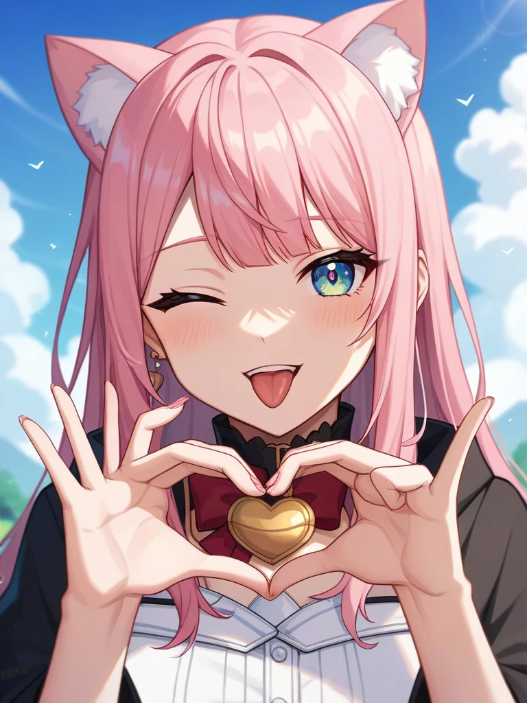 Adult, Female, long pink hair, winking, tongue out, heart hands, vtuber, otaku bedroom, Masterpiece, Accurate, Anatomically Correct, Best Quality, High Details, Detail, Super Detailed, Best detail, Perfect detail, Amazing detail, [-3, 3], perfect hands, best hands, best fingers, perfect fingers, perfect body, best body, amazing body, Looking at viewer, front facing, upper body shot, Cat Ears, Close-Up, 