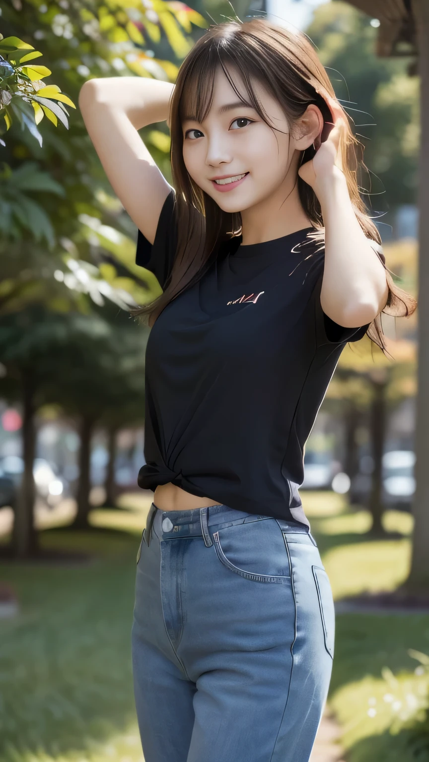 (Highest quality, 8k, 32K, masterpiece, Ultra-high resolution: 1.2), 1 girl, Beautiful Japanese Women, Cute Girl,,Tight waist, Wide leg pants, Belly-baring T-shirt,  (Cute pose: 1.2), Beautiful Face, (Smile at someone you like), Hair blowing in the wind, Beautiful blue sky,Grass Park、