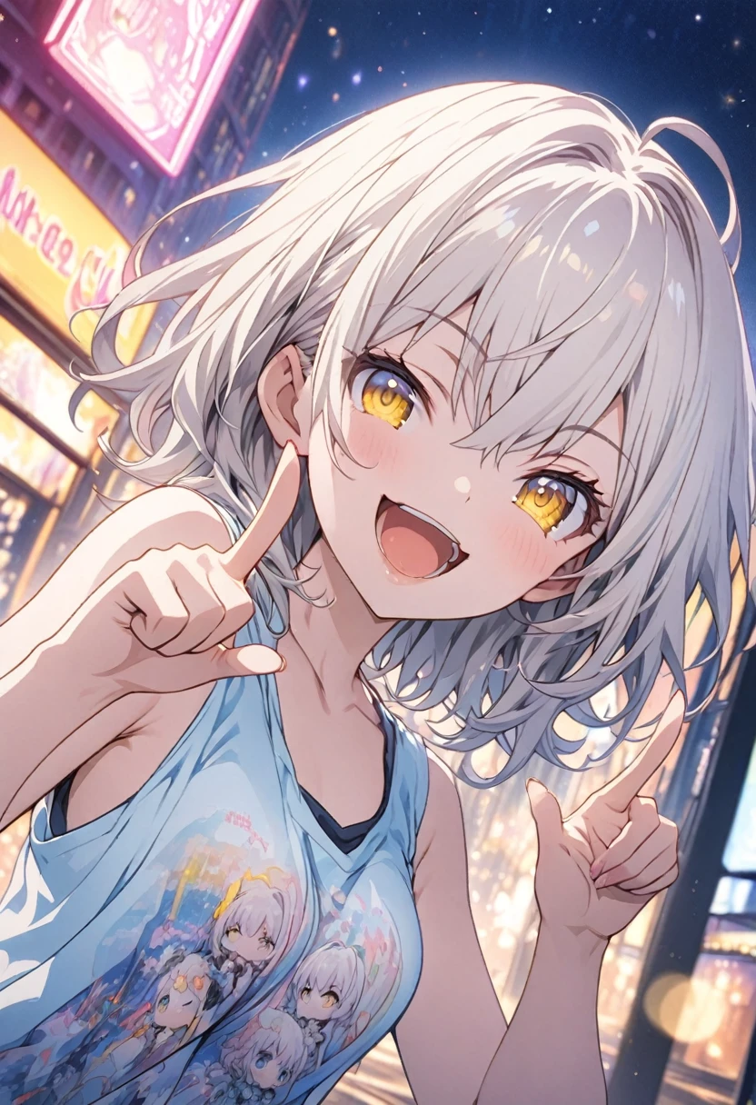 masterpiece, Highest quality, Highly detailed CG Unity 8k wallpaper, chibi, High School Girl Anime Illustration. Wear an oversized tank top、Doing the finger guns pose、she has her eyes closed and mouth open, smile. The background is a light pastel colored landscape., White hair color, Yellow Eyes, night, Neon light city、Bokeh