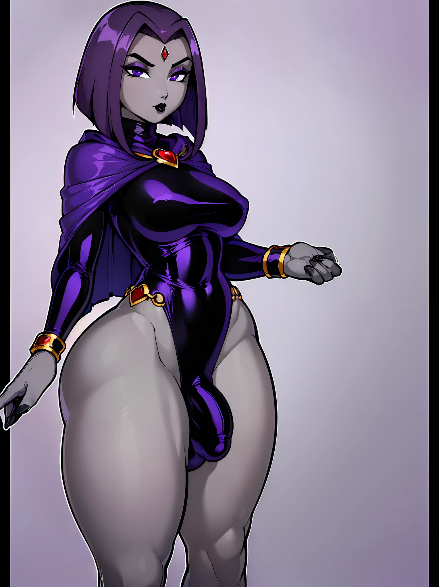 (solo:1.1),(masterpiece), (best quality:1.3), ultra detailed, intricate, (nice hands:1.6), professional art, digital art, absurdres, shadraven, (Full body view:1.1), 1girl, solo, (grey skin:1.4), dark purple hair, bob hair, purple eyes, hips wider than shoulders, pear shaped body, jewellery, detailed thighs, thick thighs, red jewel in forehead, jewels, (long sleeved turtleneck leotard:1.3), cuffs, small breasts, (shadraven cloak), (Shadraven broach:1.2), Shadraven jewel belt, Shadraven wearing a long sleeved leotard, long legs, ( long crotch bulge:1.4), large penis, large testicles, side view, looking at viewer, bubble butt , gluteal crease, universal lighting,,

