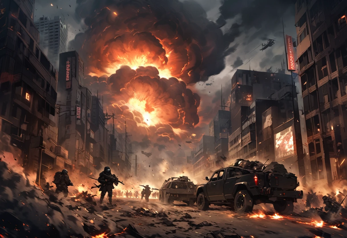 Terrorists, black balaclava, black clothes, war, city, night, blood, sandstorm, chaos, nuclear explosion, dark atmosphere, apocalypse, dark, black colour