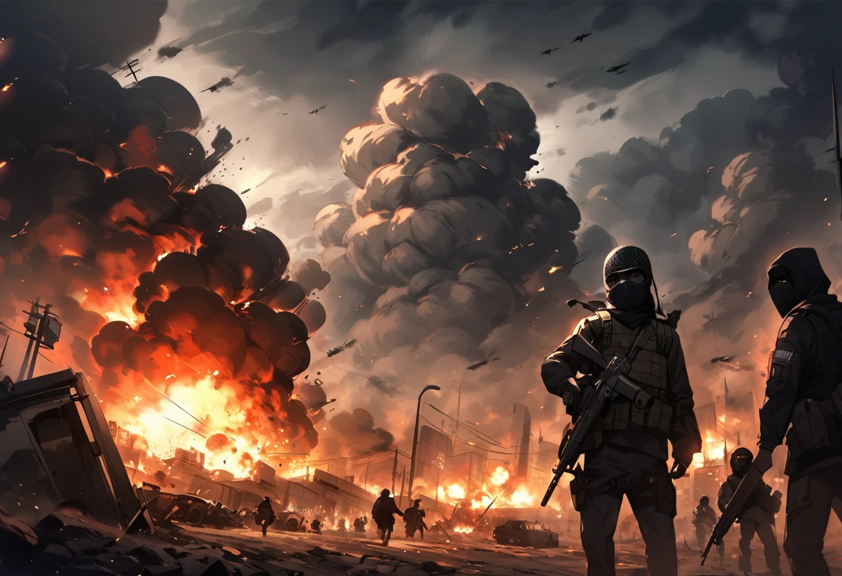 Terrorists, black balaclava, black clothes, war, city, night, blood, sandstorm, chaos, nuclear explosion, dark atmosphere, apocalypse, dark, black colour