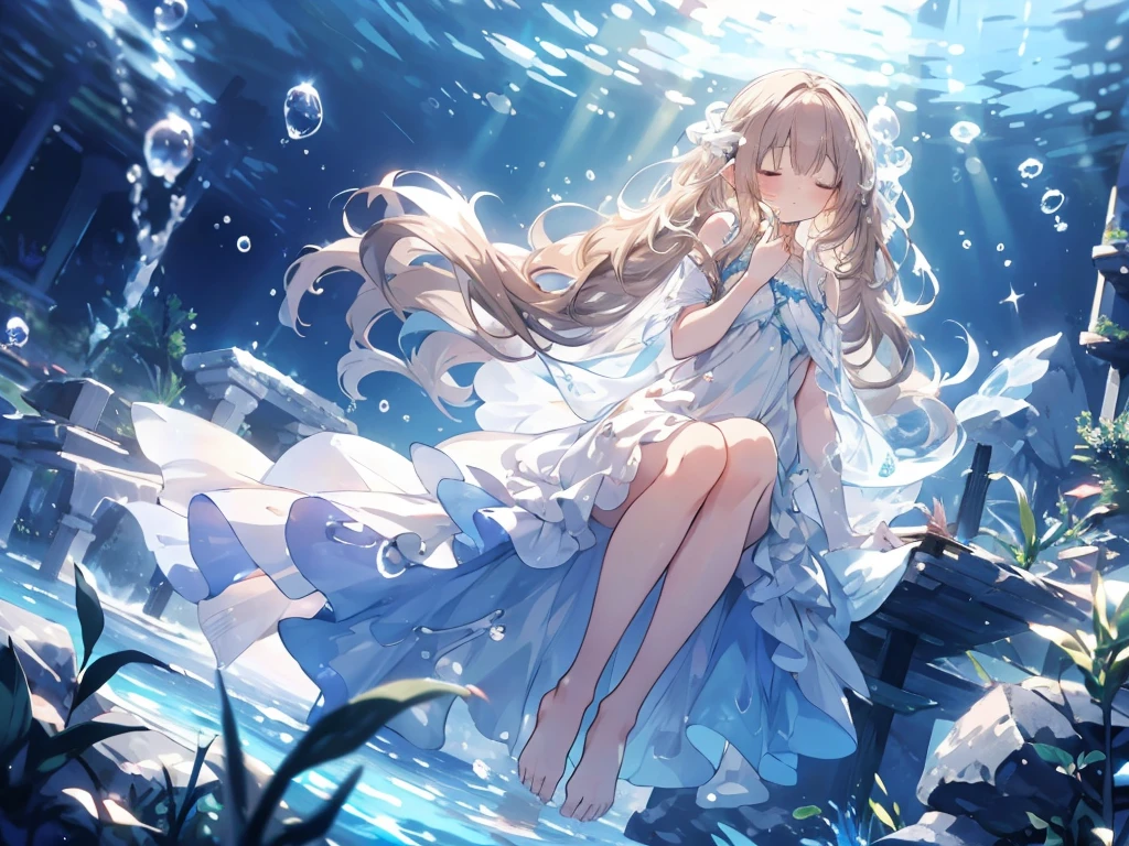 sleep, an artwork of a woman in white dress and flowing white hair under water, 1 girl, dress, Underwater, alone, Long Hair, close your eyes, Brown Hair, air bubble, barefoot, bubble