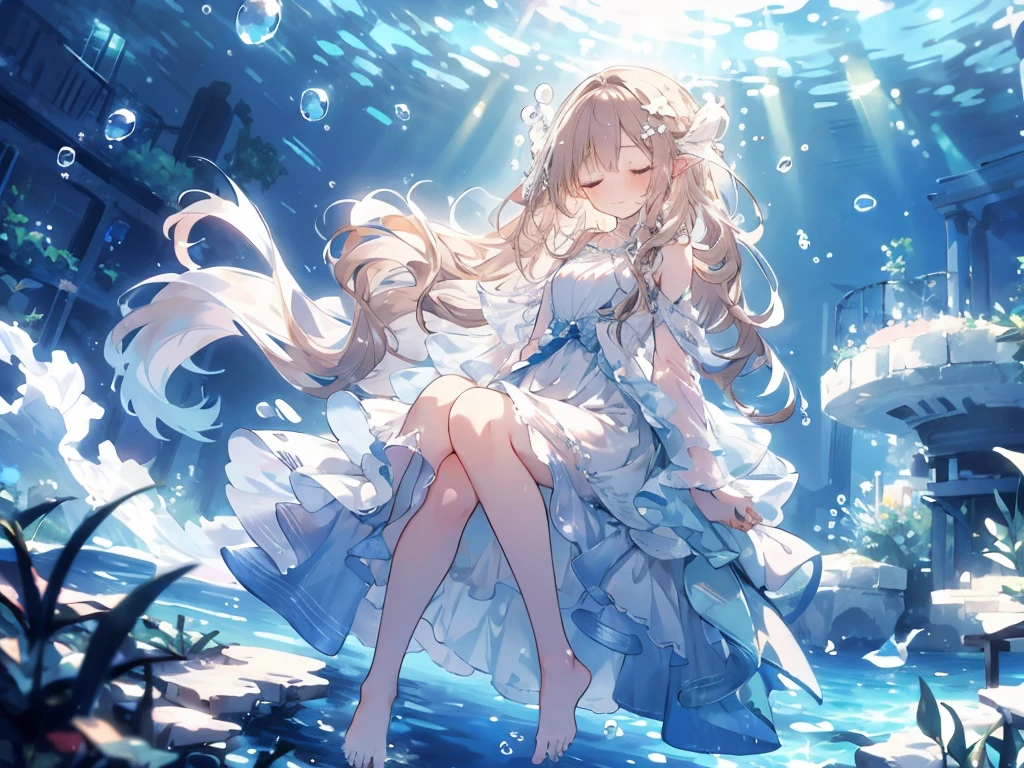 sleep, an artwork of a woman in white dress and flowing white hair under water, 1 girl, dress, Underwater, alone, Long Hair, close your eyes, Brown Hair, air bubble, barefoot, bubble