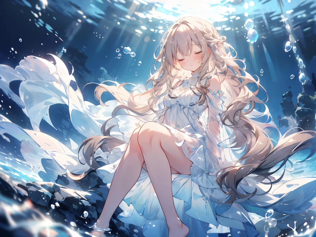 sleep, an artwork of a woman in white dress and flowing white hair under water, 1 girl, dress, Underwater, alone, Long Hair, close your eyes, Brown Hair, air bubble, barefoot, bubble