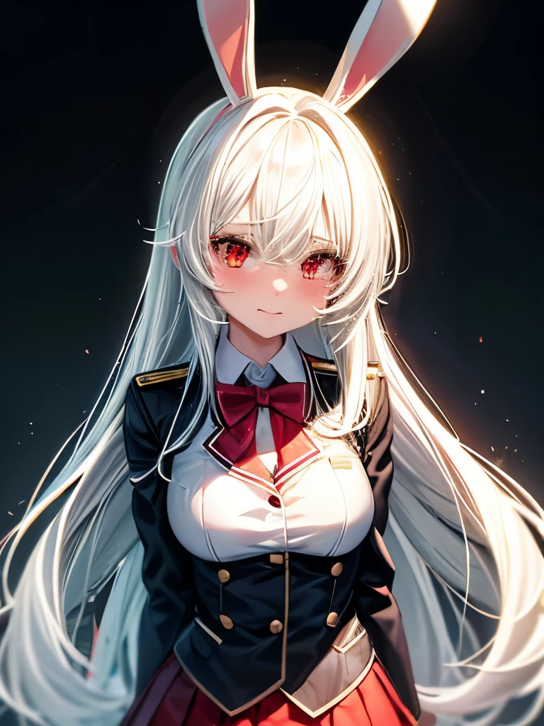 Ultra high definition, Anime girl with white hair and bunny ears, Red eyes, Shy blush, school uniform:1.5