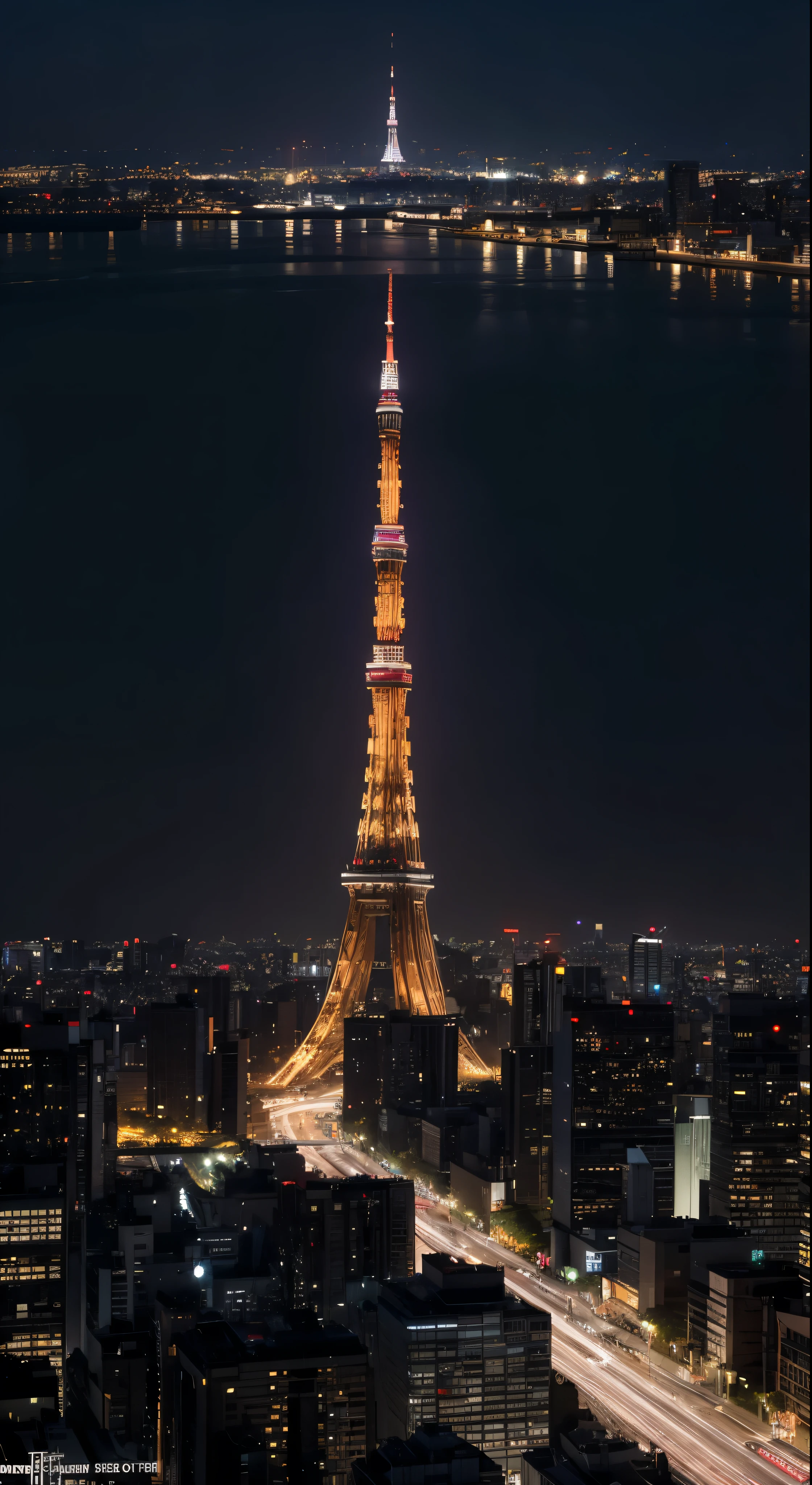 With high definition images、Towering metropolises and the majestic Tokyo Tower、Illuminated by the street lights of Tokyo at dusk、Breathtaking cityscape。A striking piece meticulously reinterpreted against the backdrop of the City of Light.、Offers close-ups with intricate detail。High definition aesthetics seamlessly combine、Breathtaking illustrations depicting a fascinating city。This charming streetscape、The unique style of the piece is reminiscent of Laurie&#39;s、photographer