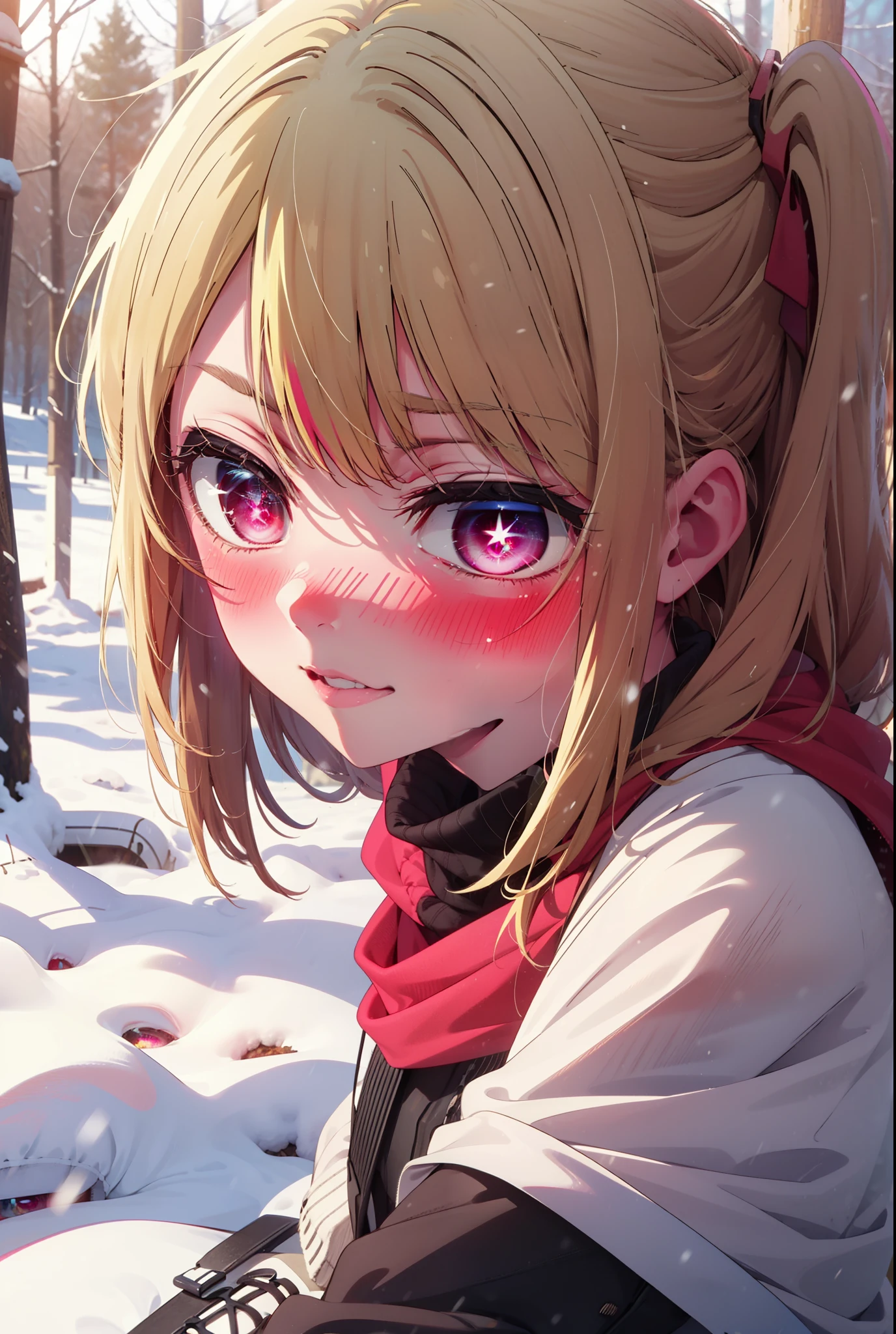 rubyhoshino, Hoshino Ruby, Long Hair, bangs, blonde, (Pink Eyes:1.3), Side Lock, (Symbol-shaped pupil:1.5), Multicolored Hair, Two-tone hair, smile,,smile,blush,white breath,
Open your mouth,snow,Ground bonfire, Outdoor, boots, snowing, From the side, wood, suitcase, Cape, Blurred, , forest, White handbag, nature, Squat, Mouth closed, Cape, winter, Written boundary depth, Black shoes, red Cape break looking at viewer, Upper Body, whole body, break Outdoor, forest, nature, break (masterpiece:1.2), Highest quality, High resolution, unity 8k wallpaper, (shape:0.8), (Beautiful and beautiful eyes:1.6), Highly detailed face, Perfect lighting, Extremely detailed CG, (Perfect hands, Perfect Anatomy),