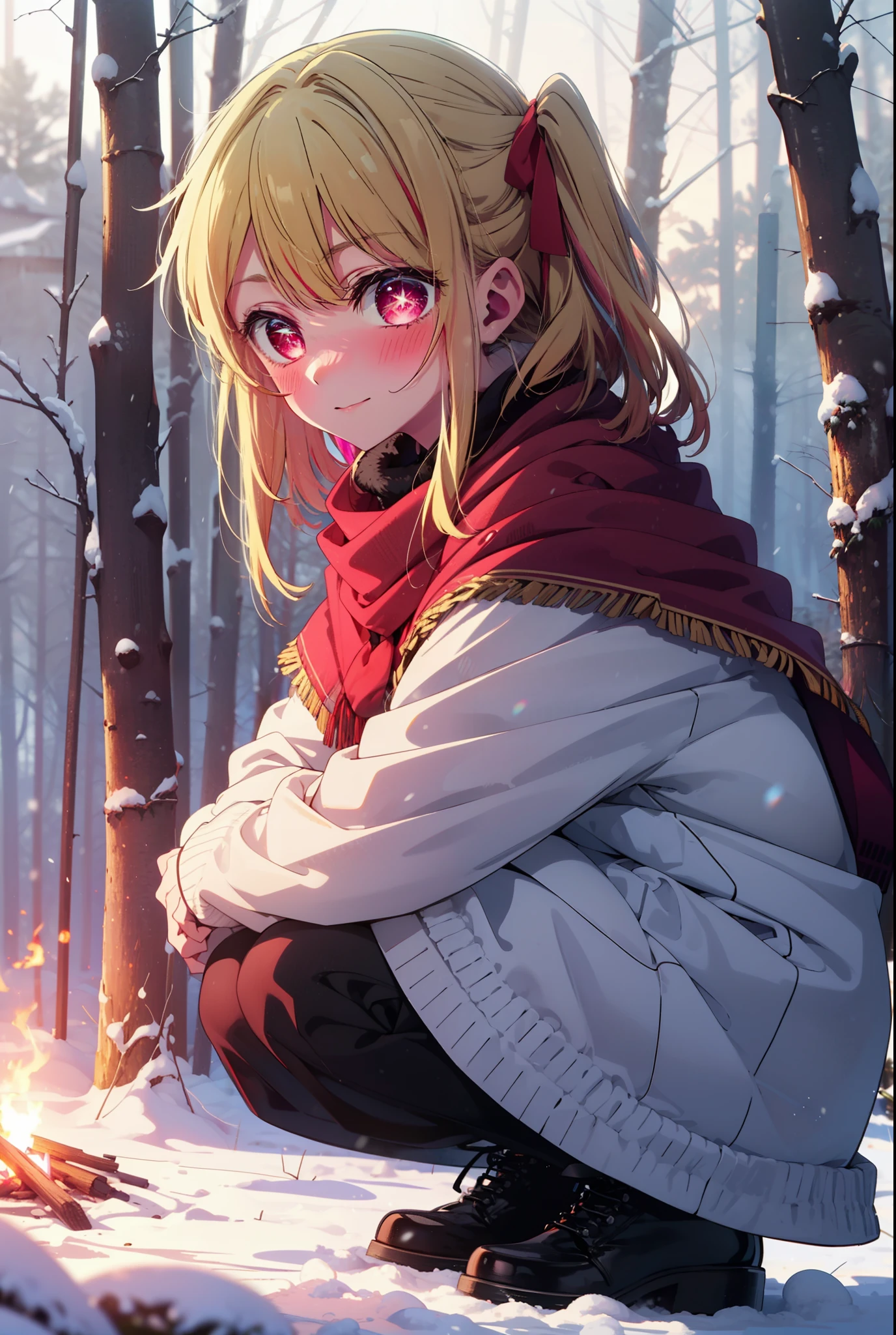 rubyhoshino, Hoshino Ruby, Long Hair, bangs, blonde, (Pink Eyes:1.3), Side Lock, (Symbol-shaped pupil:1.5), Multicolored Hair, Two-tone hair, smile,,smile,blush,white breath,
Open your mouth,snow,Ground bonfire, Outdoor, boots, snowing, From the side, wood, suitcase, Cape, Blurred, , forest, White handbag, nature, Squat, Mouth closed, Cape, winter, Written boundary depth, Black shoes, red Cape break looking at viewer, Upper Body, whole body, break Outdoor, forest, nature, break (masterpiece:1.2), Highest quality, High resolution, unity 8k wallpaper, (shape:0.8), (Beautiful and beautiful eyes:1.6), Highly detailed face, Perfect lighting, Extremely detailed CG, (Perfect hands, Perfect Anatomy),