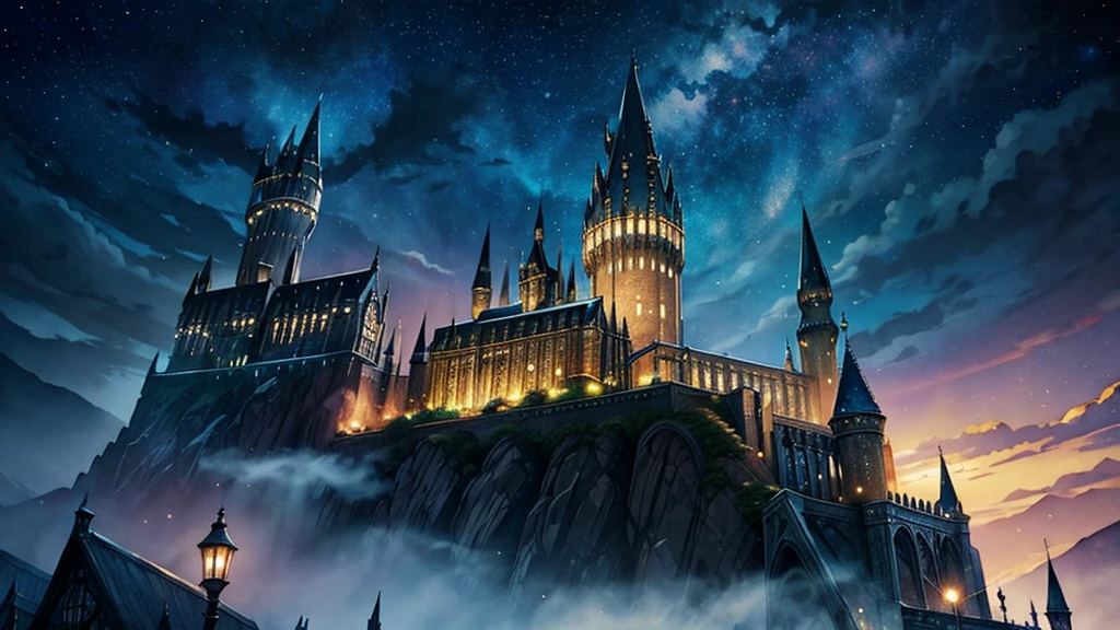 Fantasy,Watercolor,Hogwarts Castle,night,Starry Sky,Light leaking from the tower window,Harry potter,hogwarts legacy,Fantasy