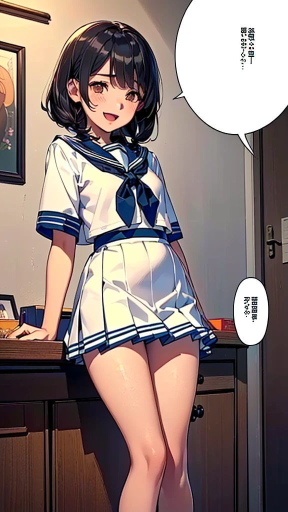 (:1.38),(14 Y8),(young Woman:1.66),(Masterpiece:1.21),(FHD),(16K),(Top Quality:1.24),(Super Resolution),(Super Illustration),(Best Shadow),(High Quality),(Super Detail:1.15), Elaborate,(1 Woman),(Japanese girl:1.1),(black hair:1.21),(big breasts:1.13),(petite:1.72)(middle hair),(bob cut),(straight hair),(copper tone hair, swept bangs, brown eyes),(drooping eyes:1.33),(big eyes:1.44),(long eyelashes:1.15), (Very dark room:1.76)),(((Middle School))),((School Office)),((white Sailor uniform, white blouse, navy ribbon,black pleated skirt,white socks,black loafers)),(cartoon speech bubble:1.33),(open one's mouth:1.22),(to talk:1.2), (lovely smile, upper eyes)