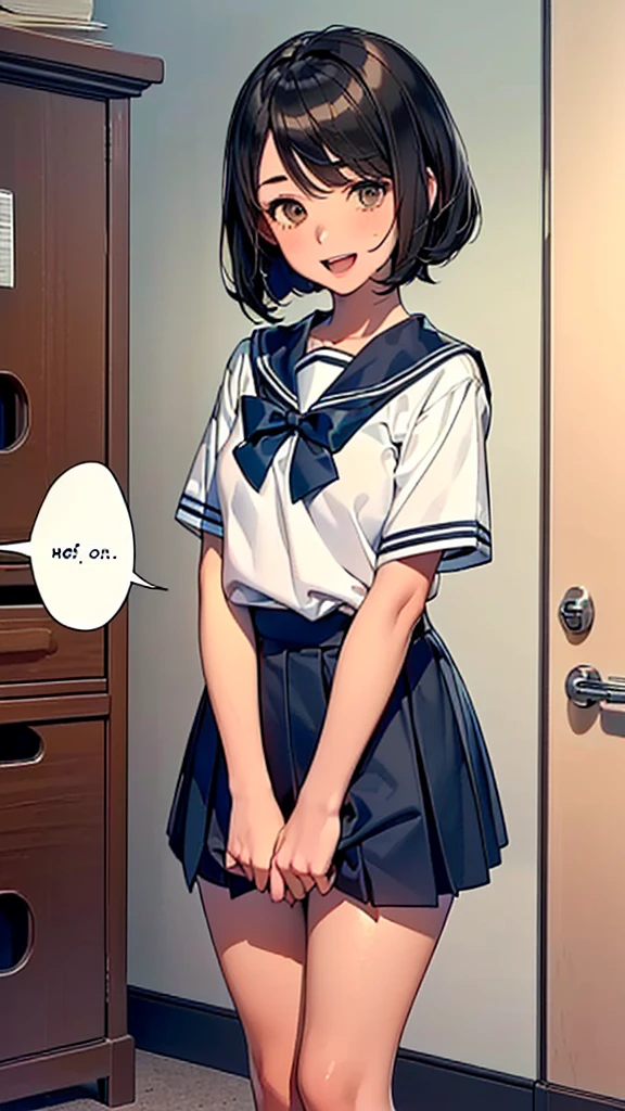 (loli:1.38),(:1.68),(young Woman:1.66),(Masterpiece:1.21),(FHD),(16K),(Top Quality:1.24),(Super Resolution),(Super Illustration),(Best Shadow),(High Quality),(Super Detail:1.15), Elaborate,(1 Woman),(Japanese girl:1.1),(black hair:1.21),(big breasts:1.13),(petite:1.72)(middle hair),(bob cut),(straight hair),(copper tone hair, swept bangs, brown eyes),(drooping eyes:1.33),(big eyes:1.44),(long eyelashes:1.15), (Very dark room:1.76)),(((Middle Schoo Office)),((white Sailor uniform, white blouse, navy ribbon,black pleated skirt,white socks,black loafers)),(cartoon speech bubble:1.33),(open one's mouth:1.22),(to talk:1.2), (lovely smile, upper eyes)