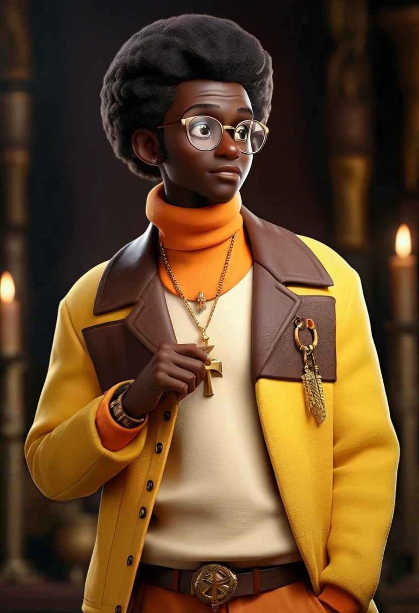(masterpiece:1.2), (best quality), (ultra detailed), (8k, 4k, intricate),(half-body-shot:1), (highly detailed:1.2),(detailed background:1.2),((dark skin, handsome face,lips)) An close up of a African American man wearing a yellow jacket and orange turtleneck, yellow rimmed glasses, wears a egyptian ankh necklace,  smooth in _ the background, taken in the early 2020s, wearing a turtleneck and jacket, high quality portrait