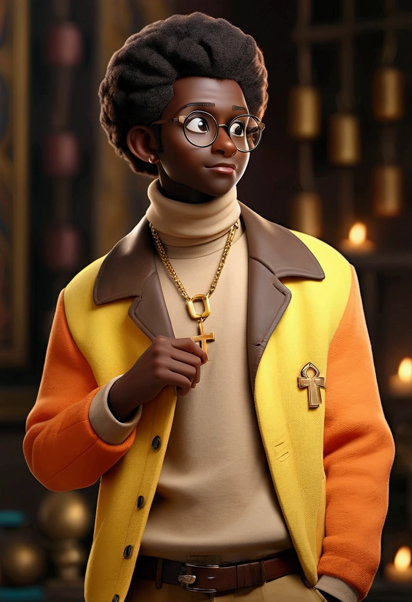 (masterpiece:1.2), (best quality), (ultra detailed), (8k, 4k, intricate),(half-body-shot:1), (highly detailed:1.2),(detailed background:1.2),((dark skin, handsome face,lips)) An close up of a African American man wearing a yellow jacket and orange turtleneck, yellow rimmed glasses, wears a egyptian ankh necklace,  smooth in _ the background, taken in the early 2020s, wearing a turtleneck and jacket, high quality portrait