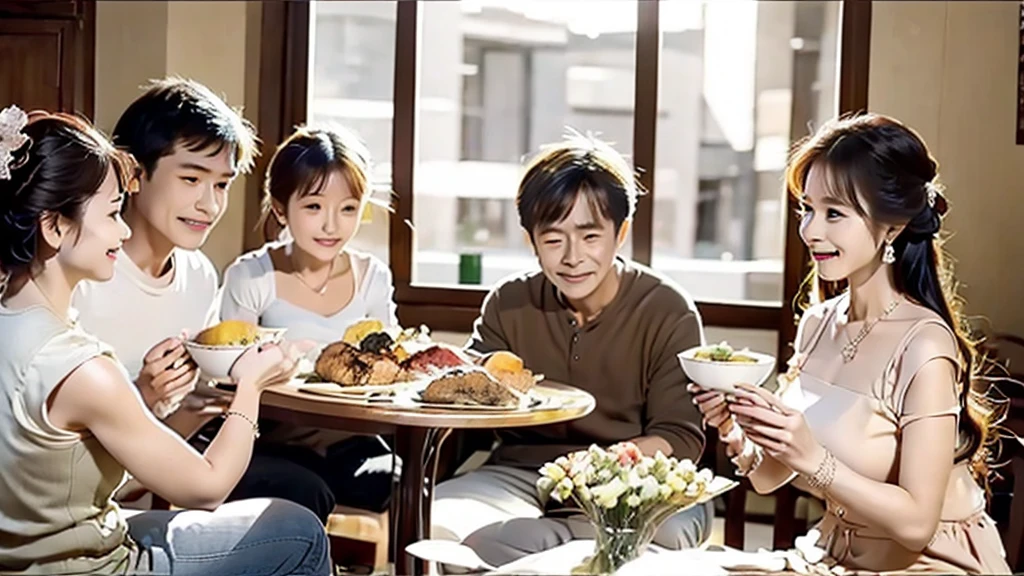 grandma,grandfather,mom,dad,The whole family, including children, sits around the table and enjoys a delicious meal, The menu is soup with chicken.