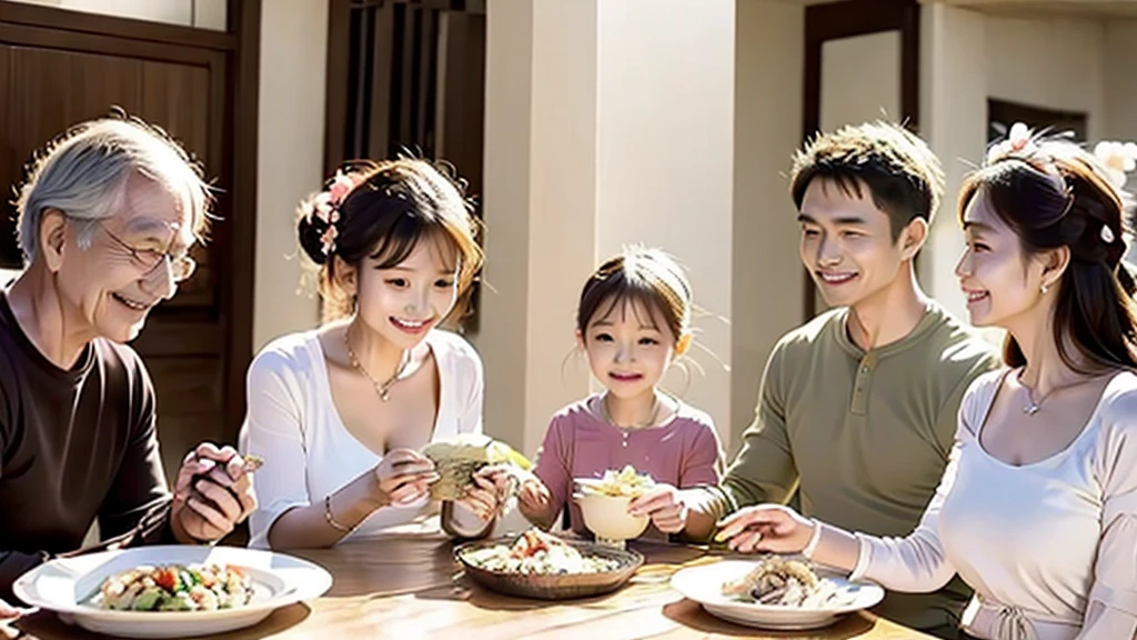 grandma,grandfather,mom,dad,The whole family, including children, sits around the table and enjoys a delicious meal, The menu is soup with chicken.