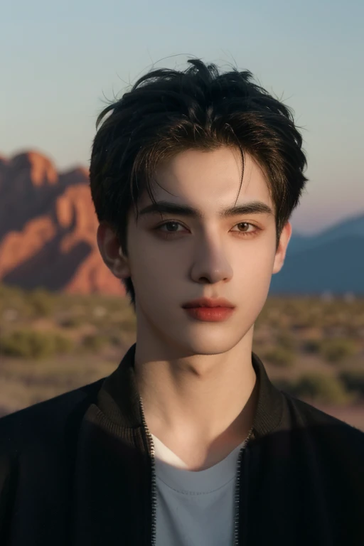Desert dusk in the background，masterpiece，Ultra-high resolution，（Reality：1.4），original photo，Bust photo，1 Boy，in the darkness，Deep Shadows，Low profile，Cold Light，Incredibly handsome，detail，18 years old，Emotional，The face is clear，black shirt，Face Light，shirt, Half-length photo, Head towards camera line，
