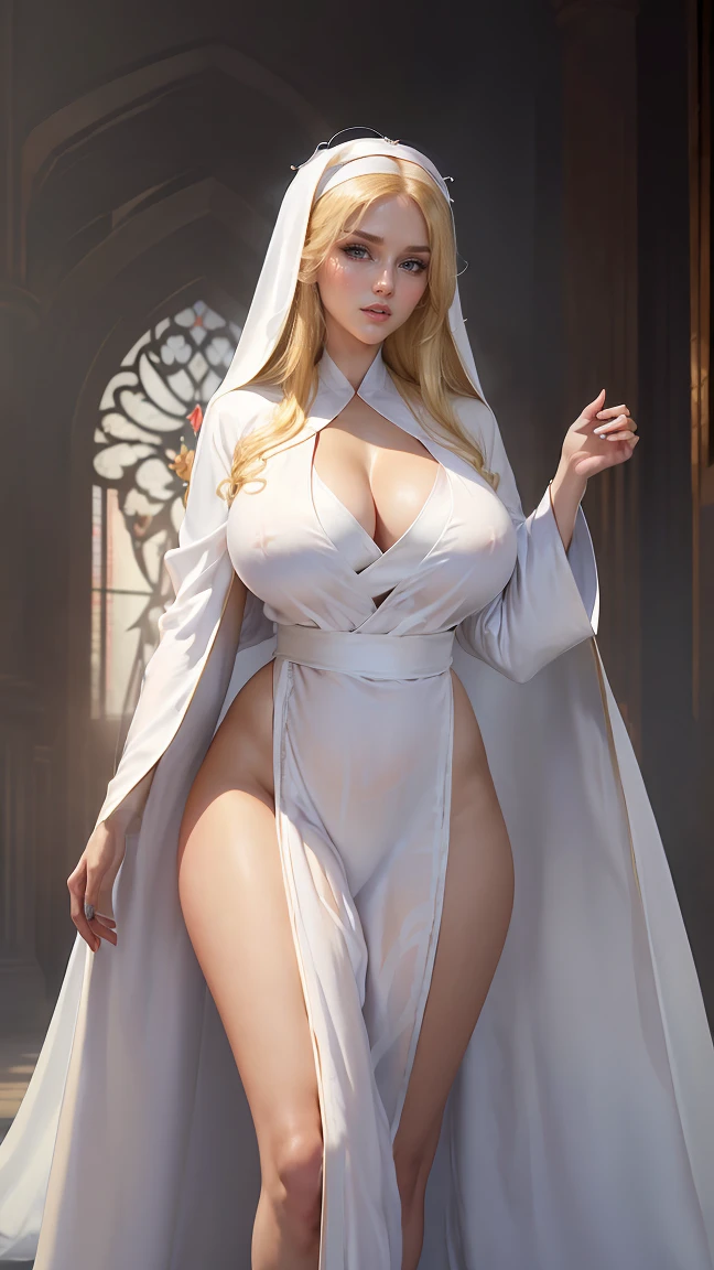 (masterpiece,top quality,high quality)), ((8K wallpaper unified with high definition CG)), (huge stunning female nun, jaw dropping beauty, perfect proportions, beautiful body, slim body beauty:1.1), ((beautiful blond hair and thin long robes fluttering:1.4)), cleavage exposed between thin robes, huge breast and huge butt exposed between white uniform
