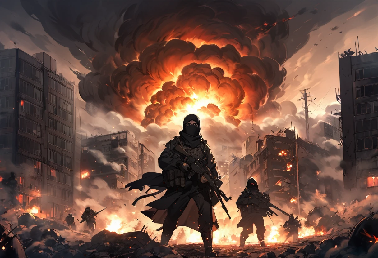Terrorists, black balaclava, black clothes, war, city, night, blood, sandstorm, chaos, nuclear explosion, dark atmosphere, apocalypse, dark, black colour, fog