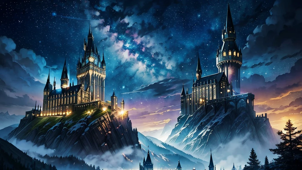 Fantasy,Watercolor,Hogwarts Castle,night,Starry Sky,Light leaking from the tower window,Harry potter,hogwarts legacy,Fantasy