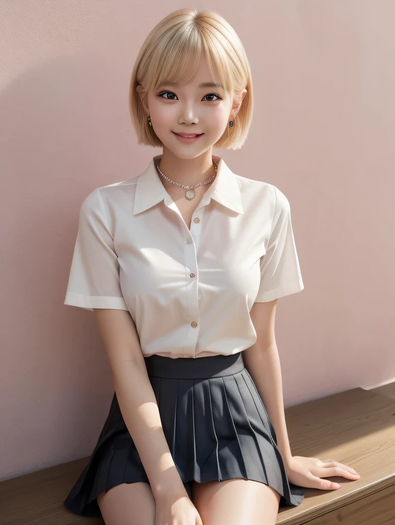 Blonde、Short Bob、20-year-old,Earrings、very cute、Ulzzang, (8k, RAW Photos, Highest quality, masterpiece: 1.2), (Realistic, photo-Realistic: 1.37), Very detailed, 1 girl, cute, alone, Beautifully detailed skies, Detailed Coffee, Pink wall、Sitting, Date, (My nose turned red), (smile: 1.1), (Mouth closed), Medium chest, Beautiful attention to detail, (A short-sleeved shirt with a collar and an open front: 1.1), sexy、Pleated skirt,((Symmetrical eyes))、sexy、I can see your thighs、sexy