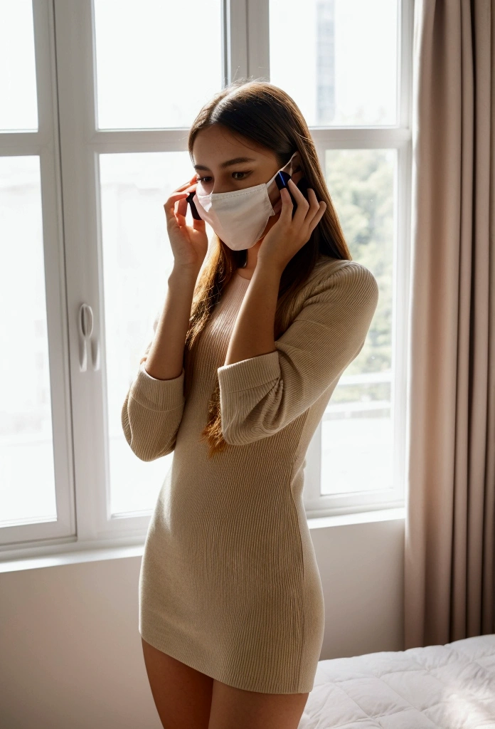 A young woman, dressed in a new outfit that she wants to show off. She holds her phone in front of her face, hiding her face but capturing her entire body. She is in a bright, modern bedroom, with large windows that let in natural light.

