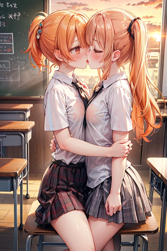masterpiece, best quality, nsfw,
2girl, kiss,
summer , plaid skirt, orange hair, ponytail, embarrassed face,
classroom, sunset,