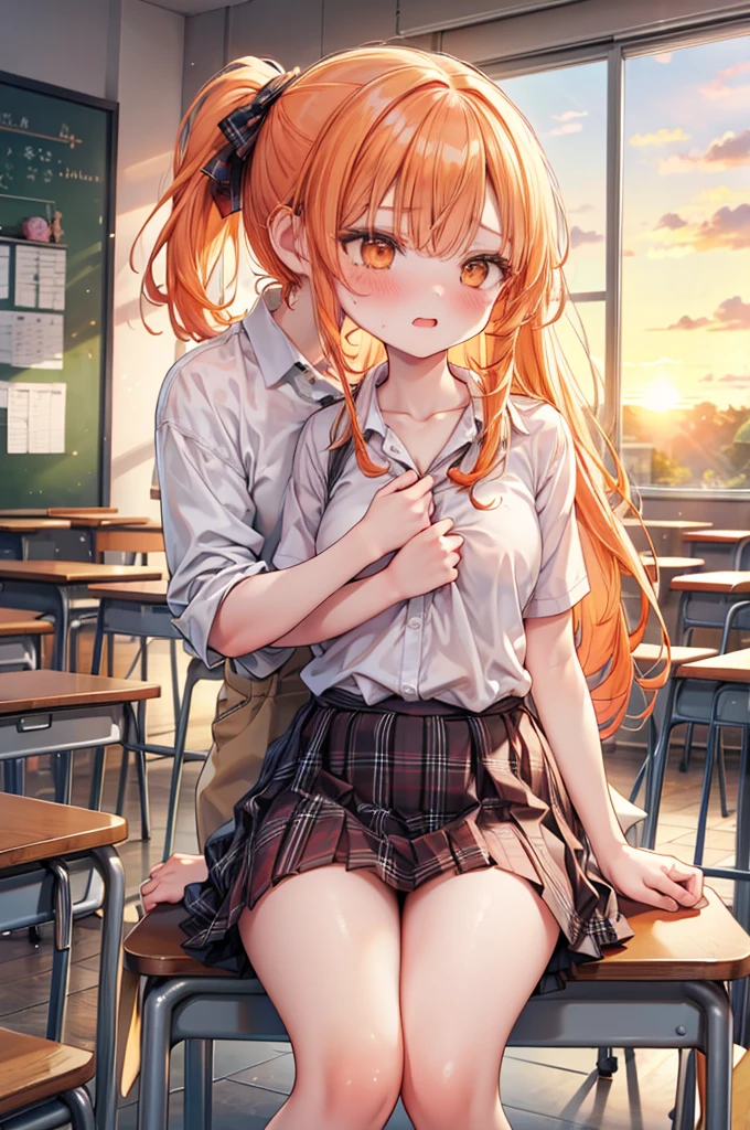 masterpiece, best quality, nsfw,
2girl, kiss,
summer , plaid skirt, orange hair, ponytail, embarrassed face,
classroom, sunset,