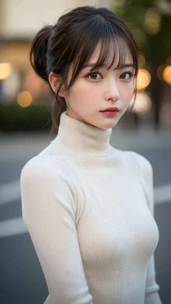 (masterpiece:1.5)、(Realistic:1.5)、(Highest quality:1.4、8k、RAW Photos）、
Ultra-high resolution、Professional Lighting、Perfect dynamic composition、Outdoor Shot、
Film Grain、chromatic aberration、(Bokeh:1.1)、
Frank、Sophisticated、charm、Surreal、Attention to detail、Golden Ratio、
(1 girl)、Slender girl、繊細でcharm女の子、Cute Woman:1.4、
Serious expression、Looking at the audience、Mr..々Pause、
Light brown hair、Shiny Hair、Hairstyle: ponytail、
Realistic looking skin、
shut up.、Beautiful Eyes、double eyelid、Thin arms、、
(Wearing a white ribbed turtleneck sweater dress:1.3)