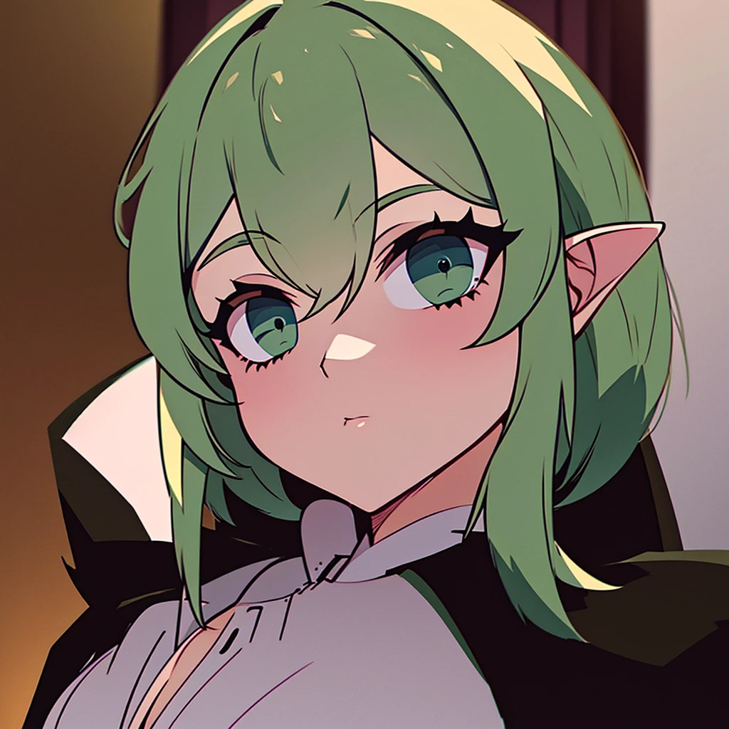 A woman with short white and green hair , with bangs parted in the middle, emerald green eyes. wearing a black robe, and the inside of the shirt is green, elf ears.