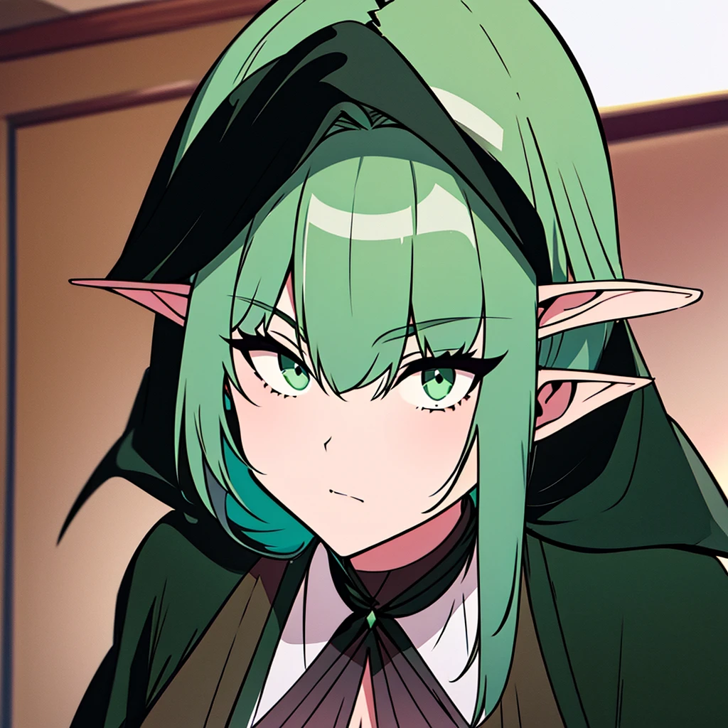 A woman with short white and green hair , with bangs parted in the middle, emerald green eyes. wearing a black robe, and the inside of the shirt is green, elf ears.