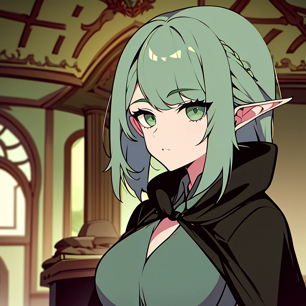 A woman with short white and green hair , with bangs parted in the middle, emerald green eyes. wearing a black robe, and the inside of the shirt is green, elf ears.