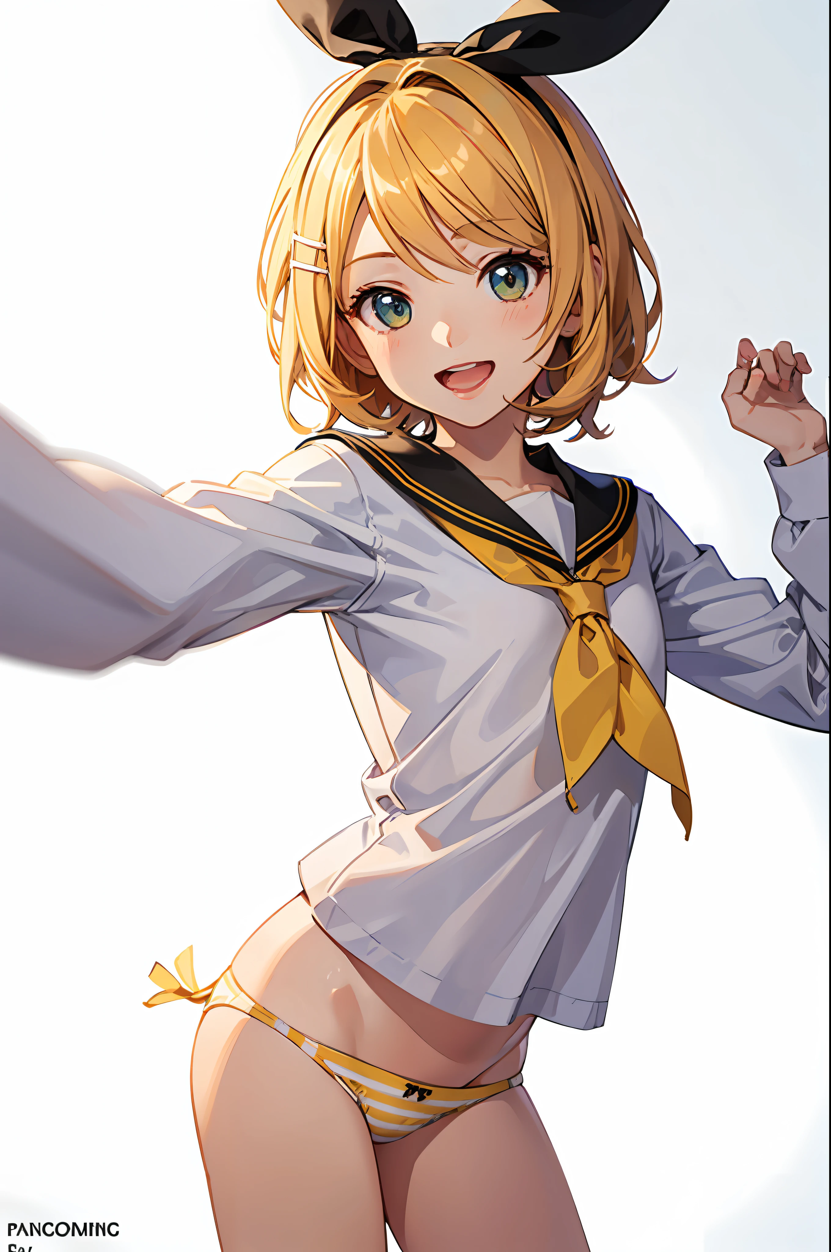 Highest quality ,masterpiece, One girl, Kagamine Rin , Hair Ribbon, bow, White shirt, Sailor collar, No shorts allowed, No pants, Without skirt, Fine and shiny eyes, Flat Chest, High resolution, wallpaper, 8k, Best lighting, Highly detailed illustration, blush, Embarrassing, smile, Open your mouth, ((Realistic striped yellow panties)), Crotch seam, ((Panty shot)), White Background , Browsing Caution, change, Dynamic pose, Dynamic Angle, Clothes I pulled on myself, Light clothing, Pulling on panties