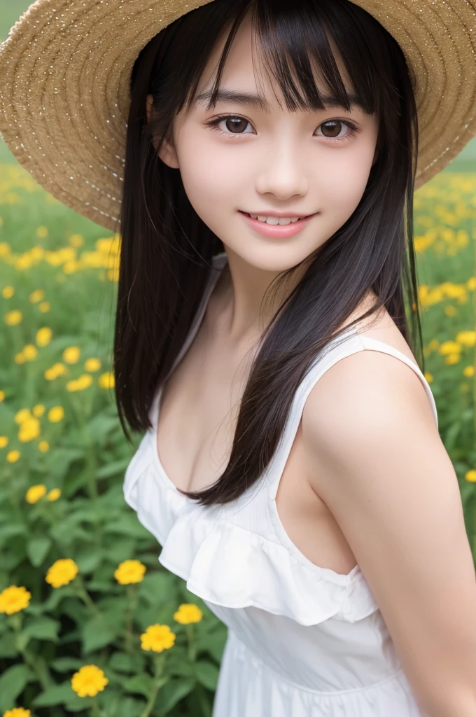 14 years old,Lieutenant colonel student,Black Hair,bangs,Straight hair,Shoulder-length hair,Dark Eyes,Small face,Young Face,Clean your eyes,Small Mouth,thin,Young Face,Flat chested,Flat chested,Flat chested,Small breasts,Small breasts,Small breasts,Realistic photos,8k,Mouth slightly open,Ultra HD,whole body,Pure girl,Flower Field,whole body,Standing posture,,Pure white dress,summer,Straw hat,smile,Showing teeth