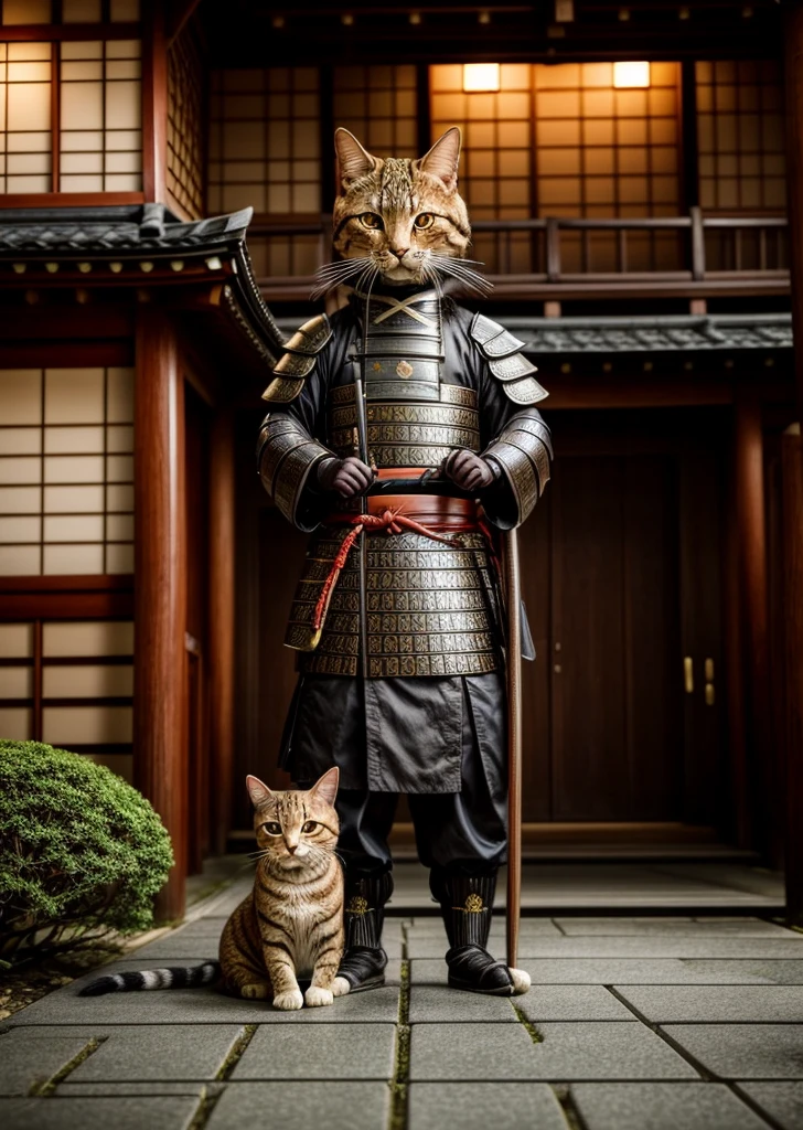 Old Japanese samurai anthropomorphic cat、Wearing samurai armor、Japanese sword、Brown Tabby、In front of the five-story pagoda shrine、Moonlit Night、lush vegetation、Old tales、Like a movie、8K、16K、Detailed