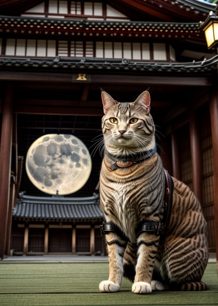 Old Japanese samurai anthropomorphic cat、Wearing samurai armor、Japanese sword、Brown Tabby、In front of the five-story pagoda shrine、Moonlit Night、lush vegetation、Old tales、Like a movie、8K、16K、Detailed