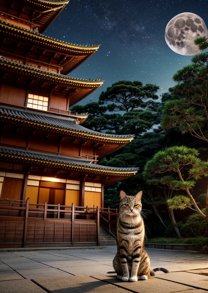 Old Japanese samurai anthropomorphic cat、Wearing samurai armor、Japanese sword、Brown Tabby、In front of the five-story pagoda shrine、Moonlit Night、lush vegetation、Old tales、Like a movie、8K、16K、Detailed